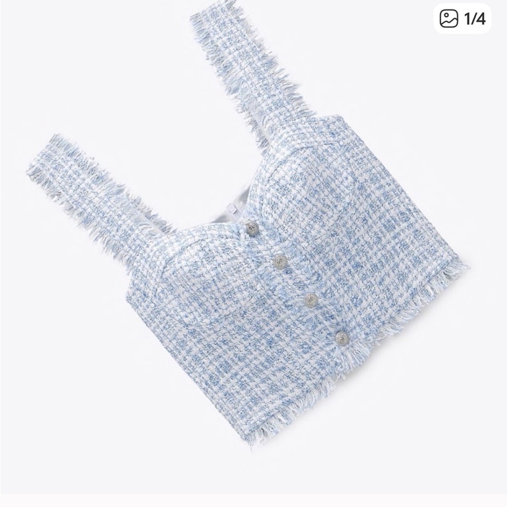 Zara tweed crop top blue and white